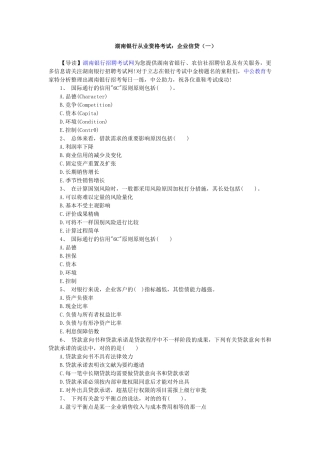 2025年湖南银行从业资格考试公司信贷