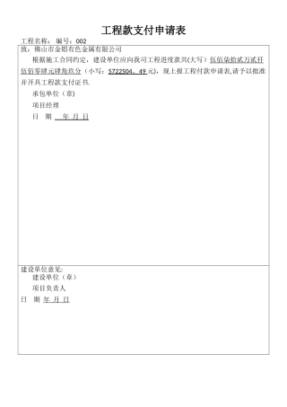工程款支付申请表范本