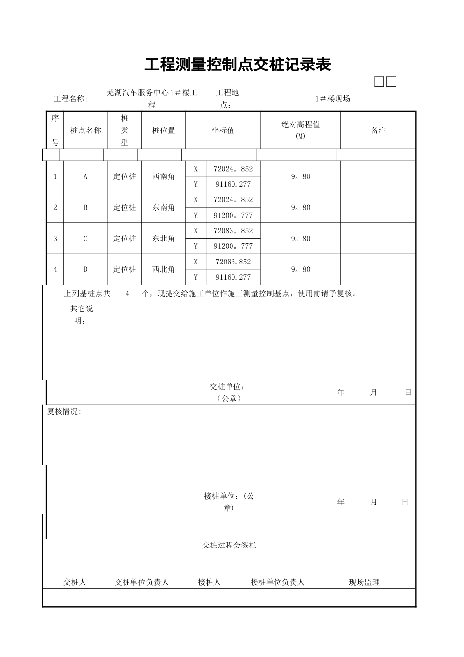 工程测量控制点交桩记录表范本_第1页