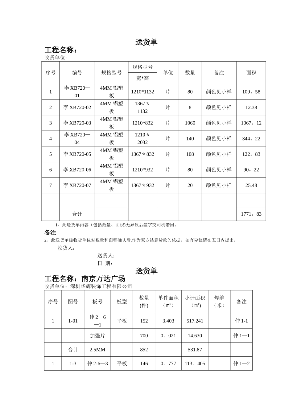 工程用材料送货单_第1页