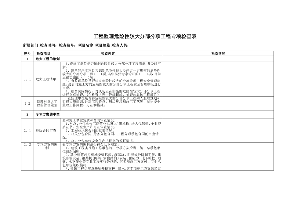 工程监理危险性较大分部分项工程专项检查表_第1页