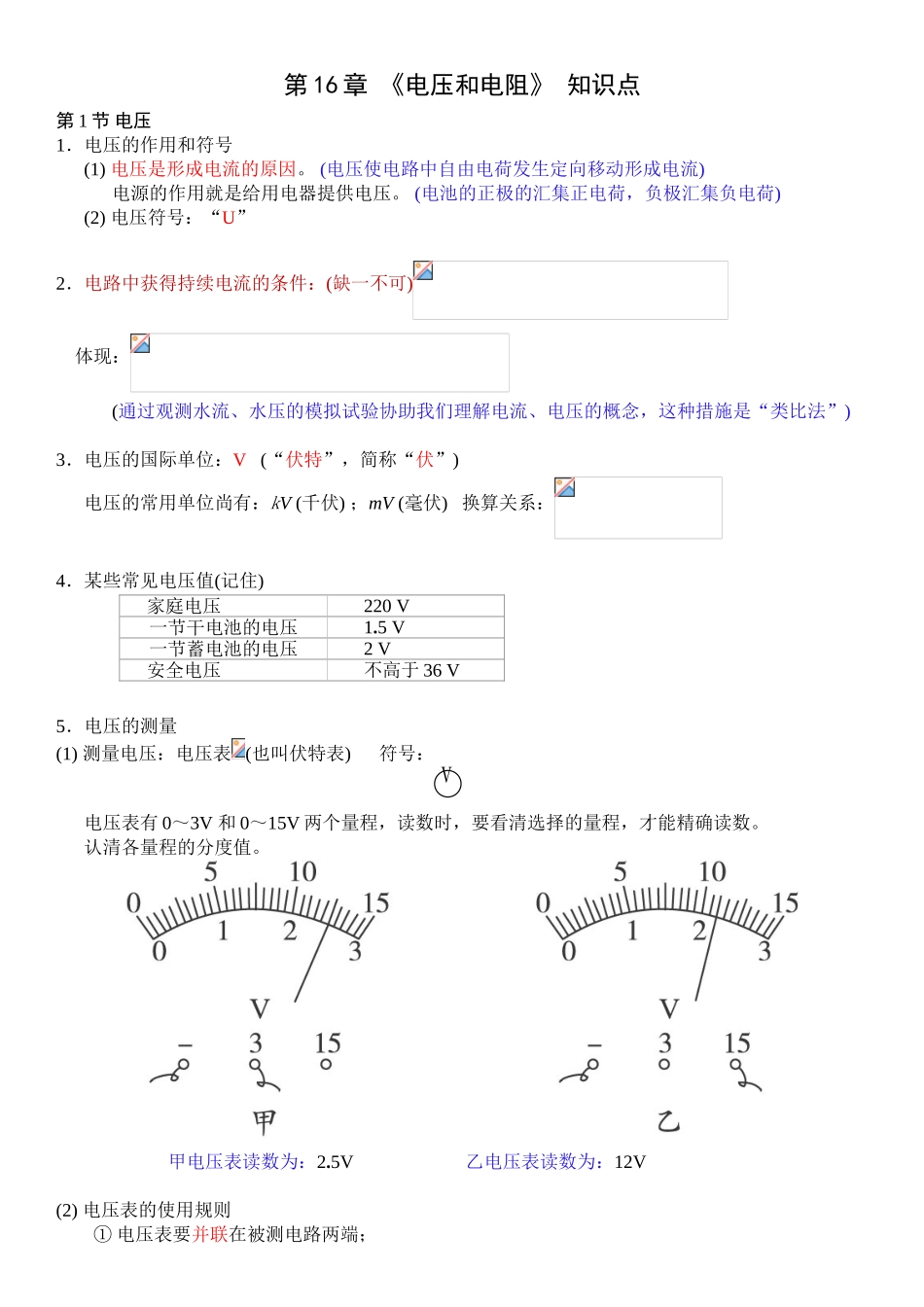 2025年九年级物理电压电阻复习知识点_第1页