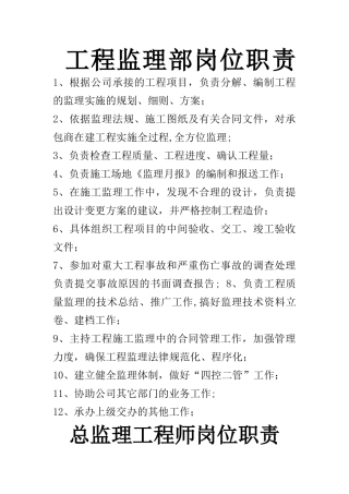 工程监理部岗位职责