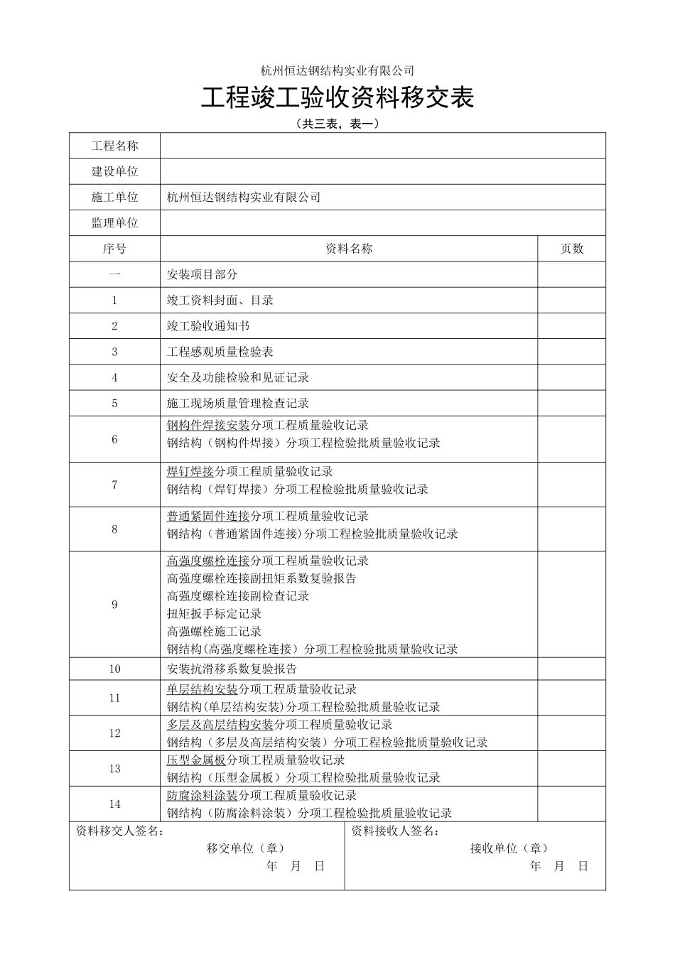 工程竣工验收资料移交表_第1页