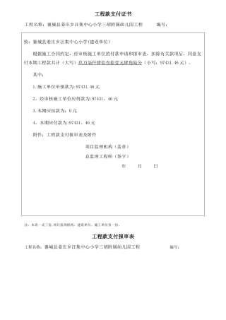 工程进度款支付证书模板