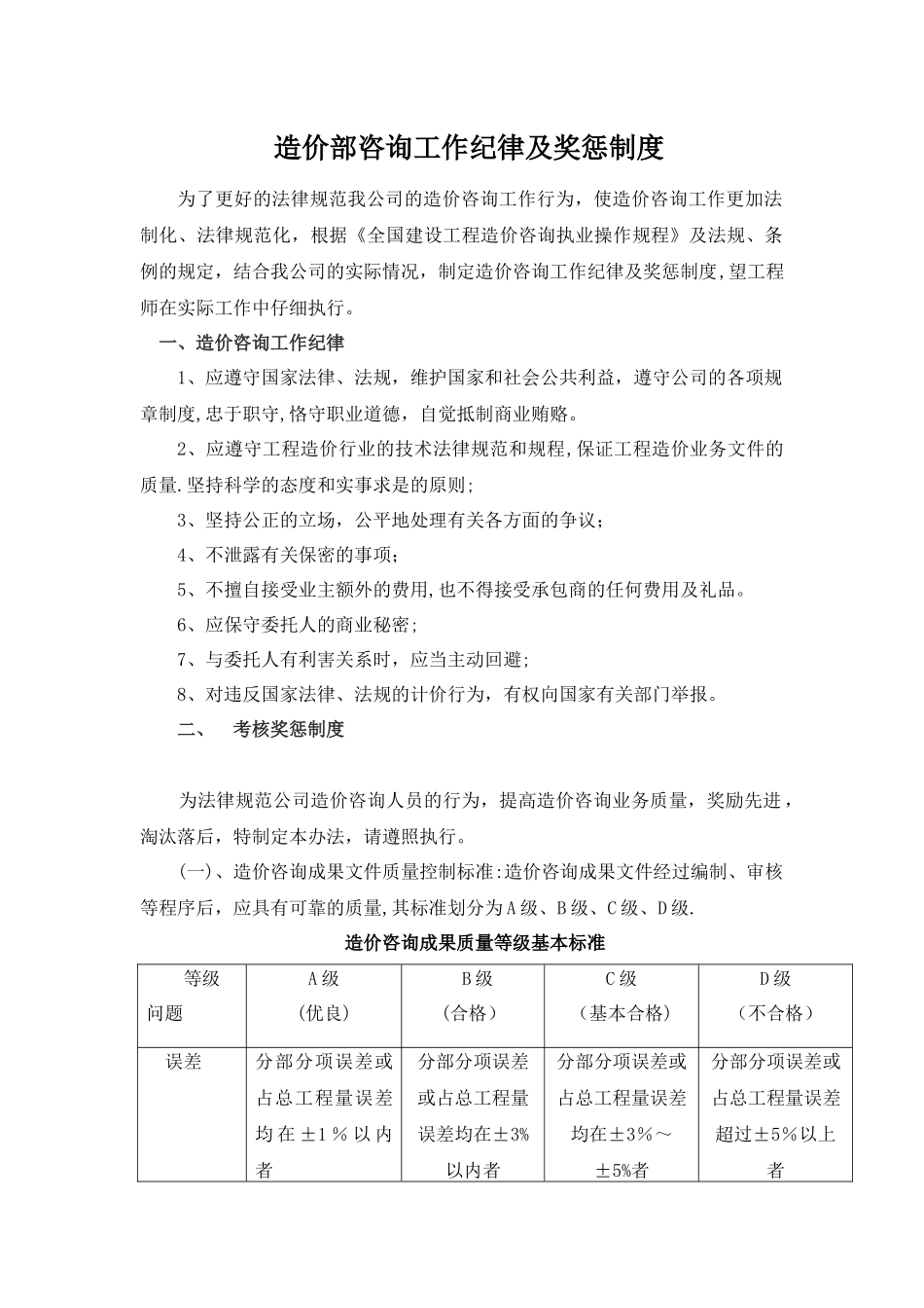 工程造价咨询工作纪律及奖惩制度_第1页