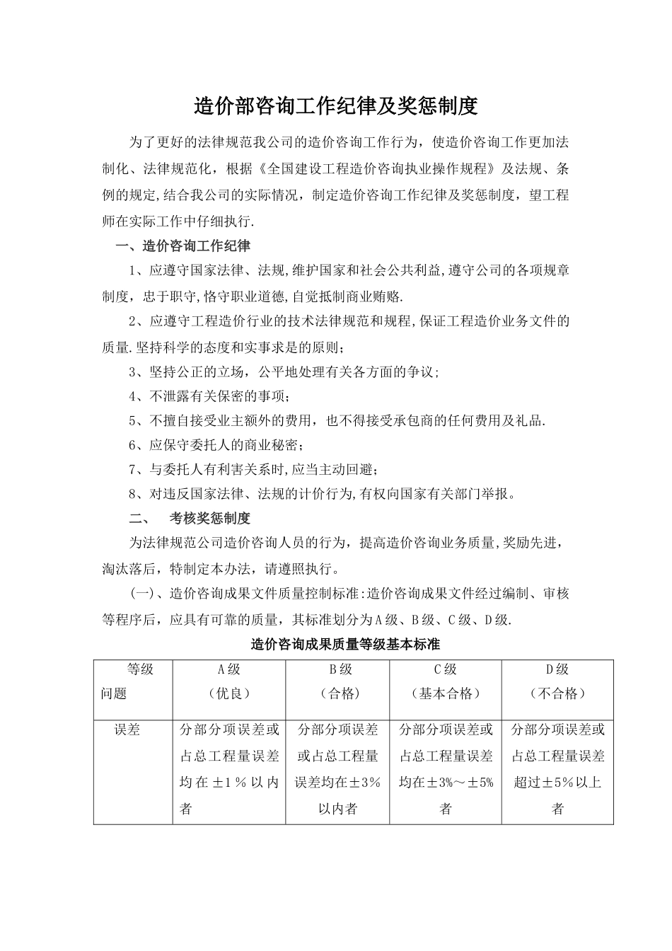 工程造价咨询工作纪律及奖惩制度_第1页