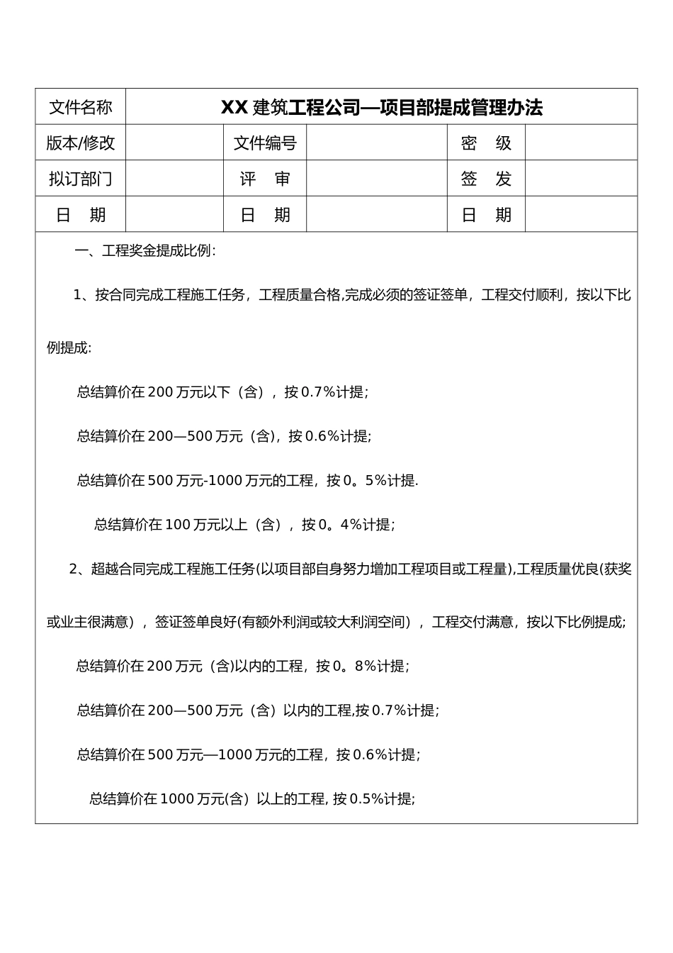 工程部提成管理办法_第1页