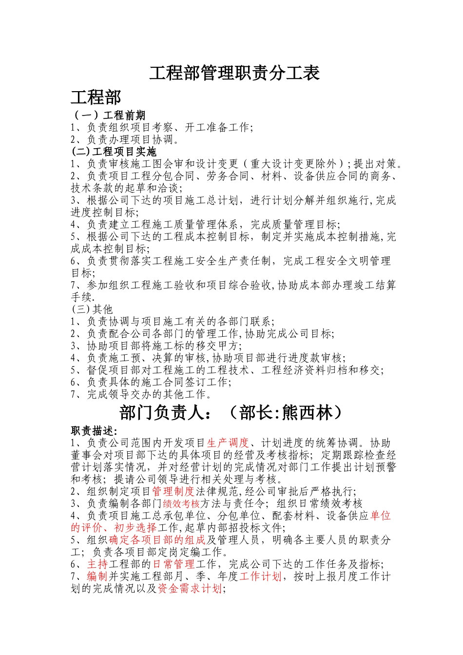 工程部管理职责分工表_第1页