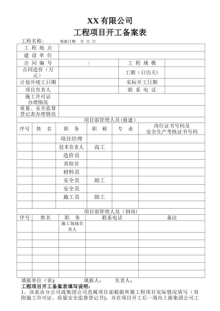 工程项目开工备案表