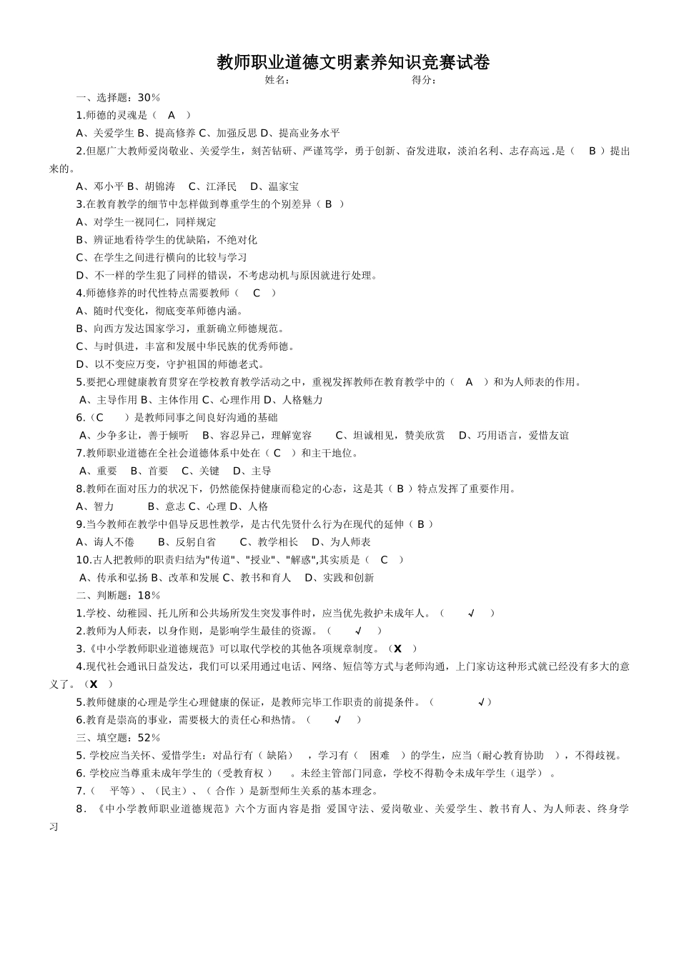 2025年教师职业道德文明素养知识竞赛试卷_第1页