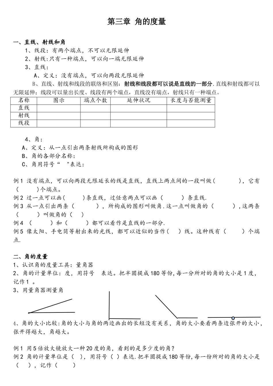 2025年人教版四年级上册数学角的度量知识点_第1页