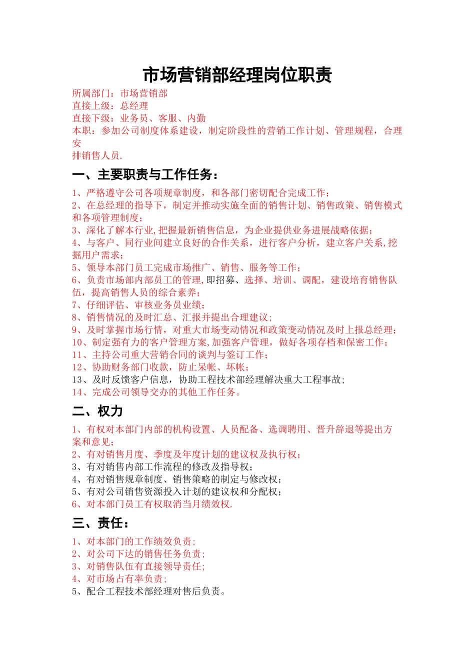市场营销部经理岗位职责_第1页