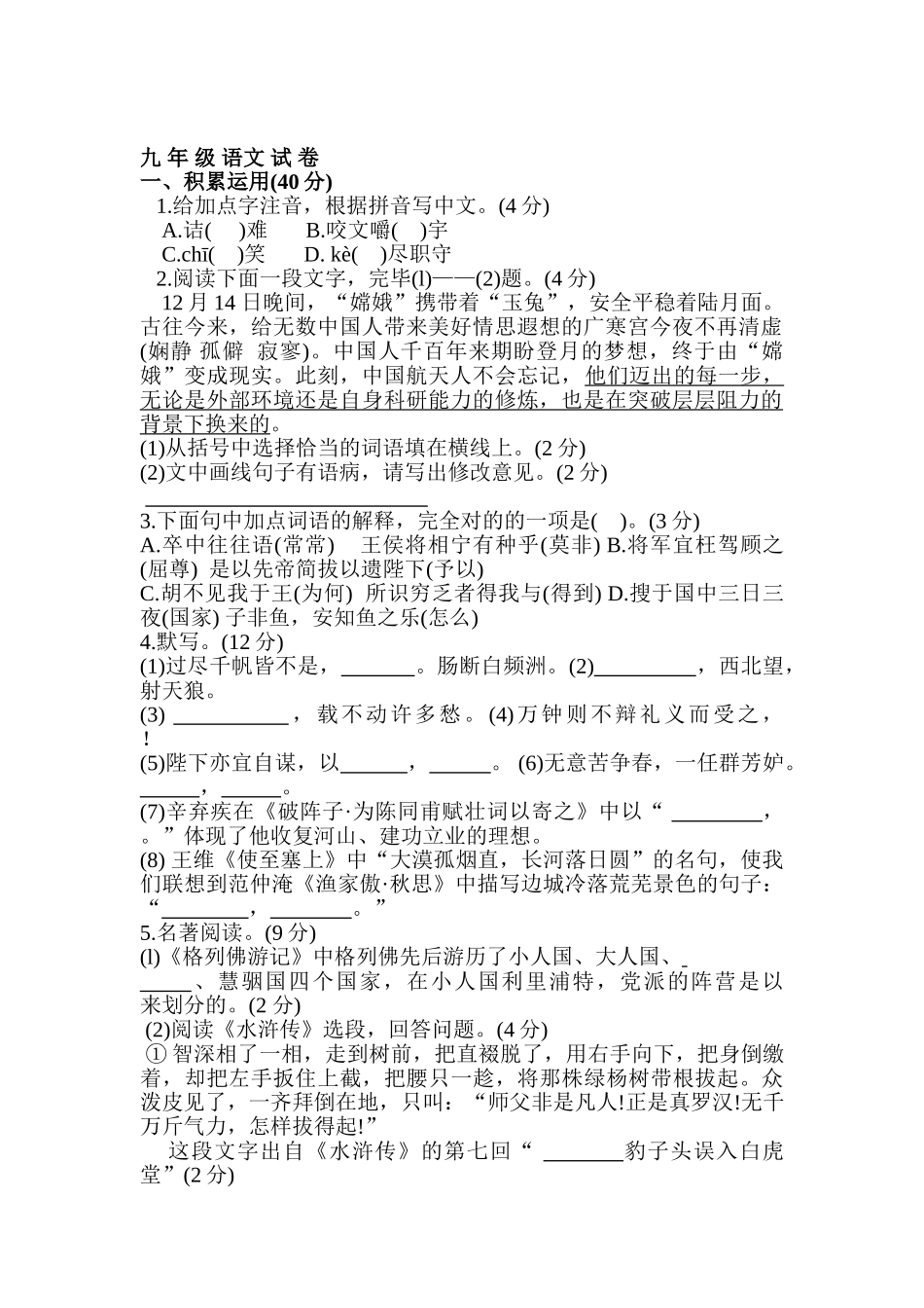 2025年浙江省绍兴县九年级语文上册知识点练习题_第1页