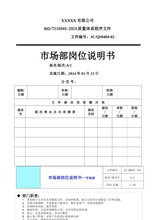 市场部岗位说明书