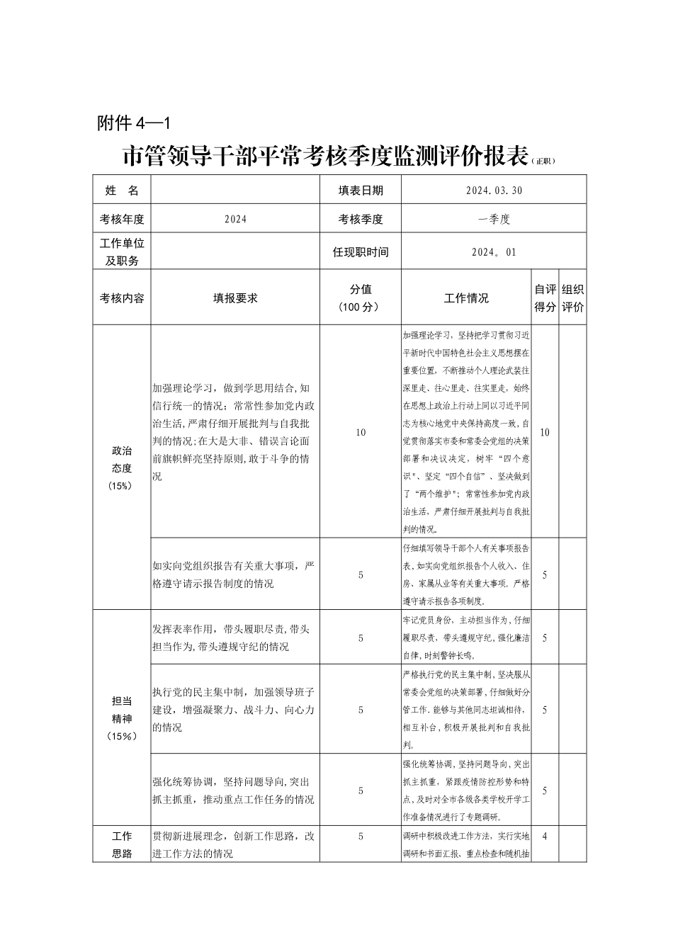 市管领导干部平时考核季度监测评价报表_第1页