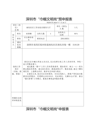 市级巾帼文明岗预申报表