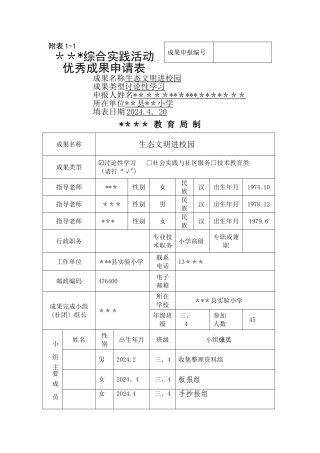 市综合实践活动优秀成果申请表