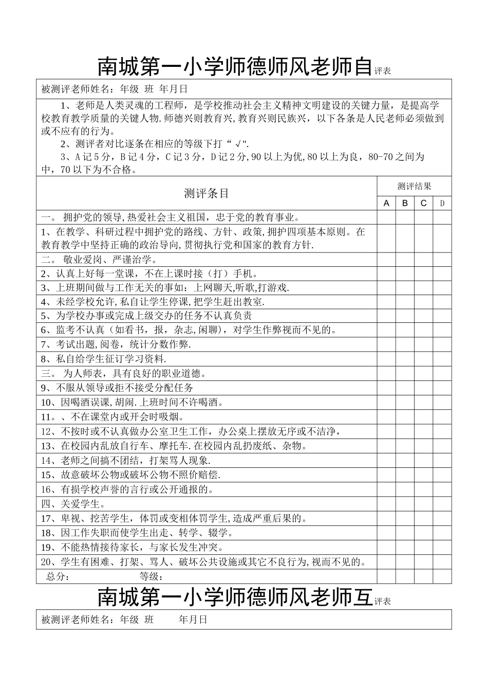 师德师风教师互评表_第1页