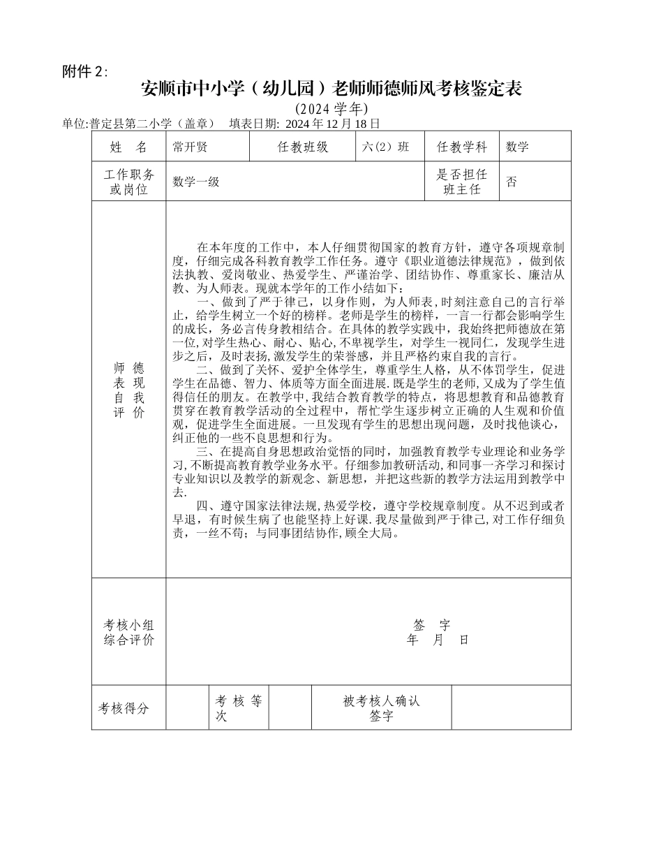 师德师风考核鉴定表(常开贤)_第1页