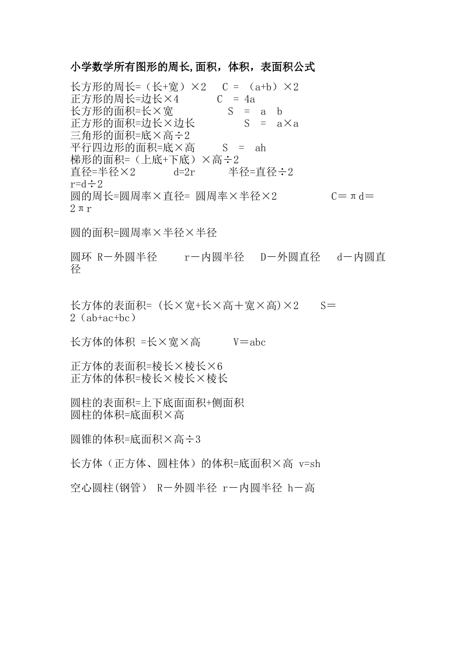 常见图形的面积体积表面积公式总结_第1页