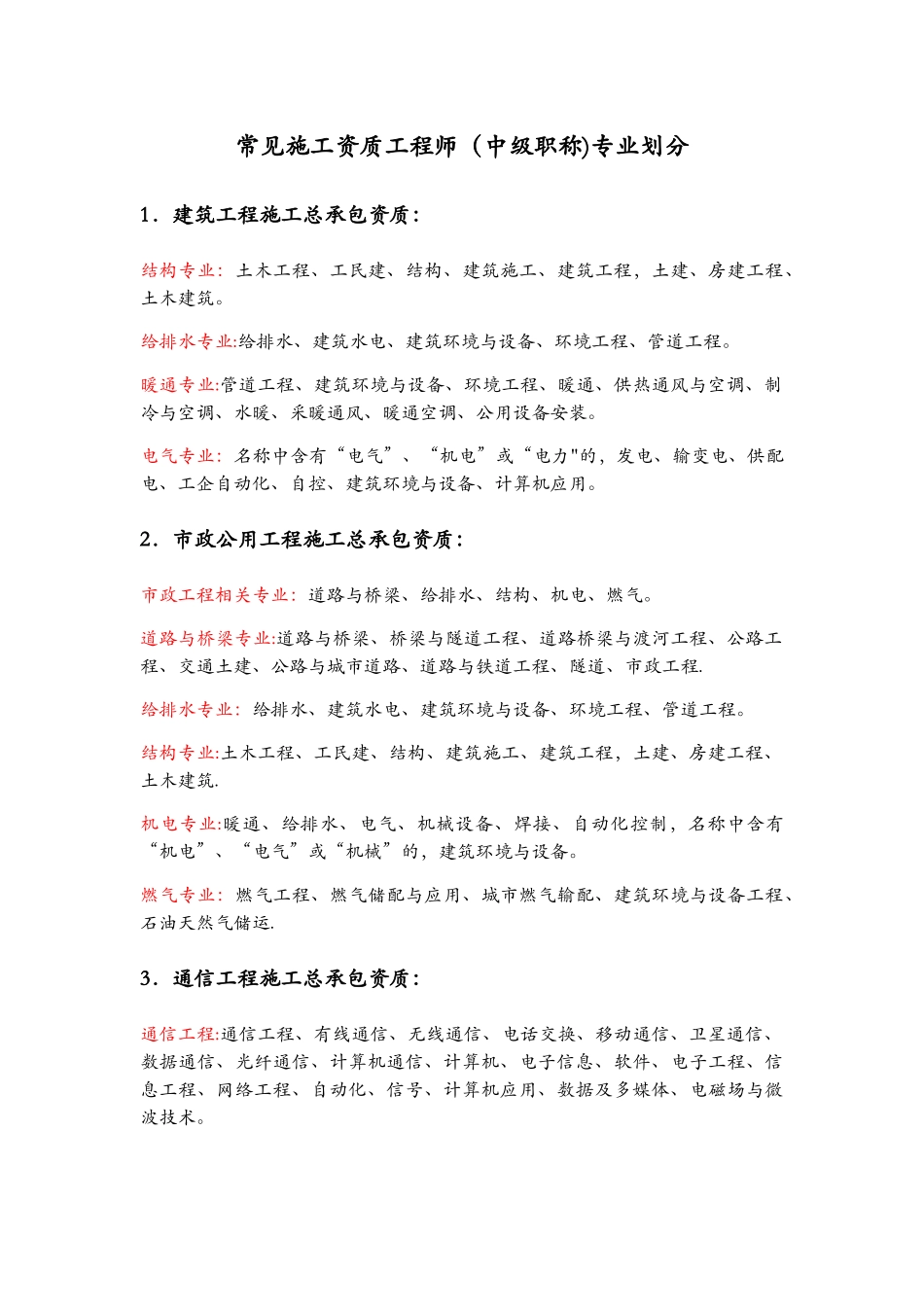 常见施工资质中工程师专业划分表_第1页