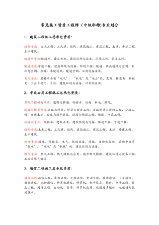 常见施工资质中工程师专业划分表