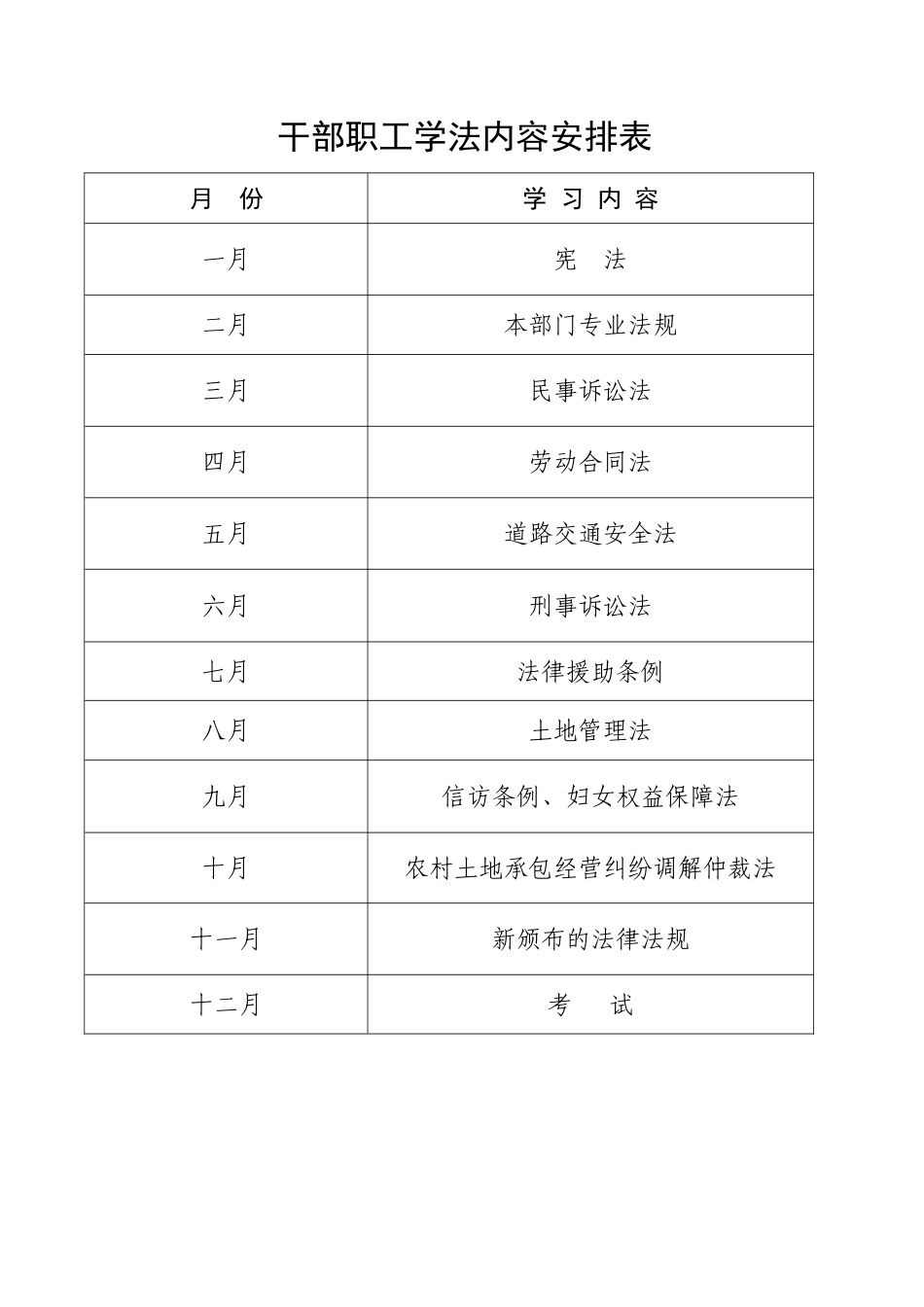干部职工学法内容安排表_第1页