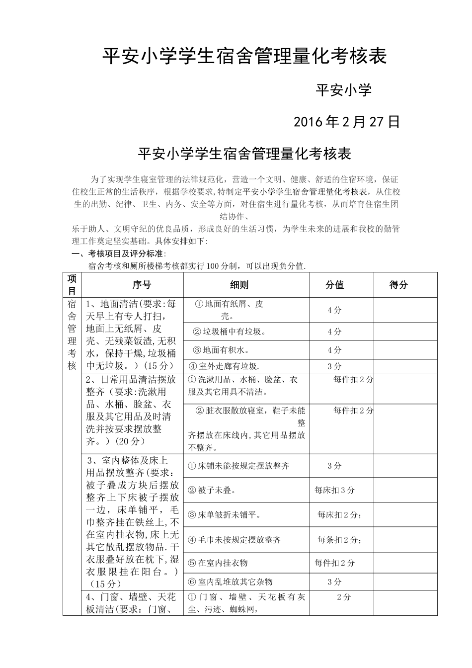 平安小学学生宿舍管理量化考核表_第1页