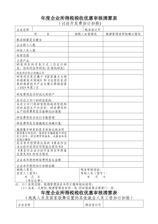 年度企业所得税税收优惠审核清算表