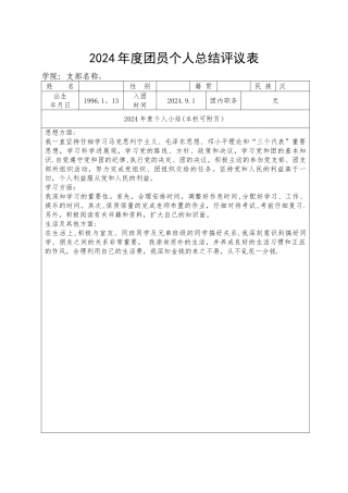 年度团员个人总结评议表