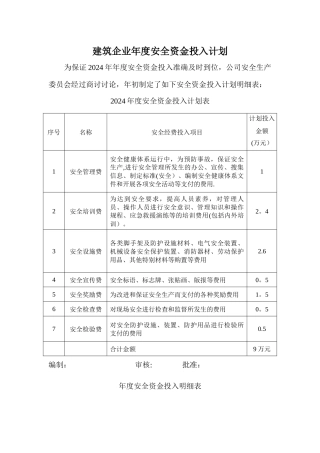 年度安全资金投入计划