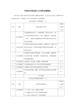 年度安全资金投入计划和实施情况