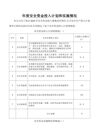 年度安全资金投入计划和实施情况