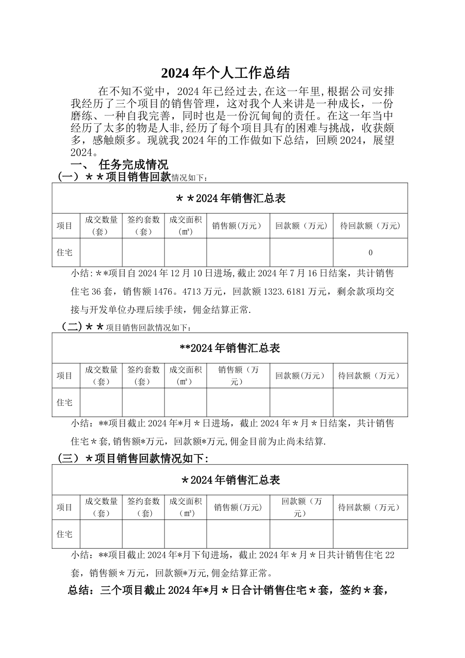 年度房地产销售经理个人工作总结与计划_第1页