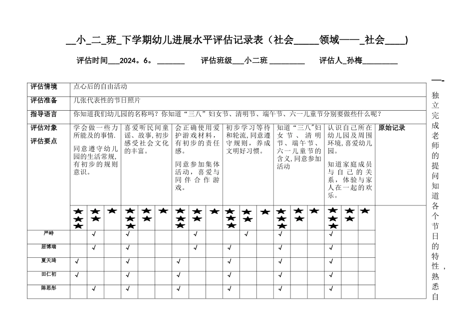 幼儿发展水平评估记录表-社会_第1页