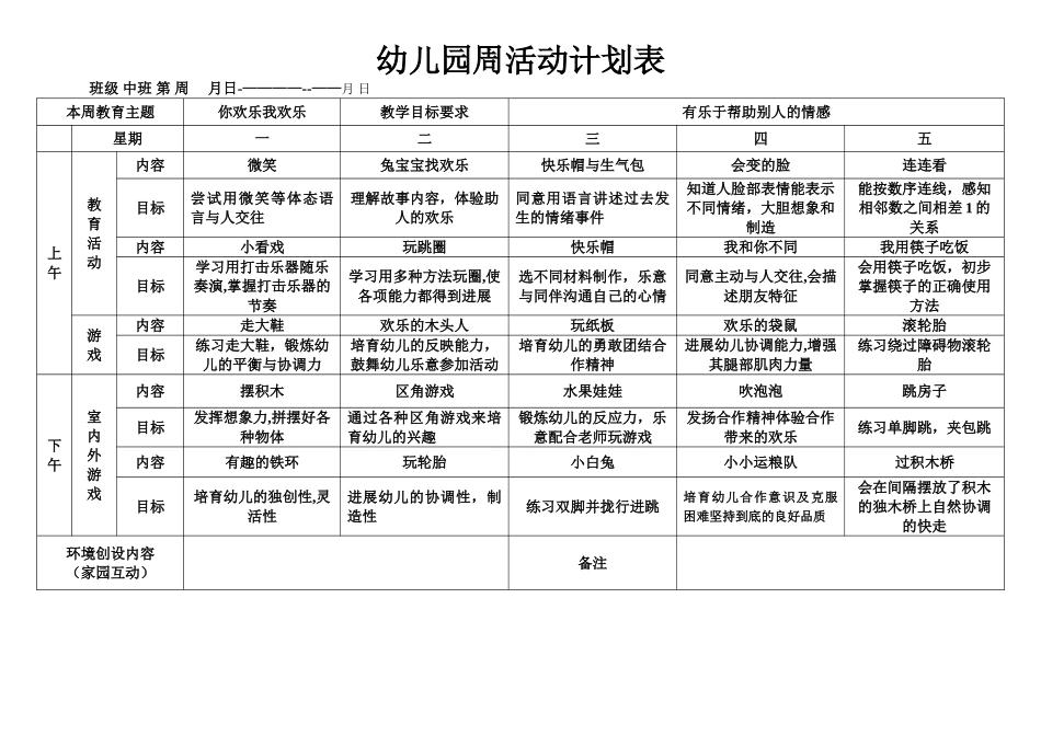 幼儿园中班周活动计划表_第1页