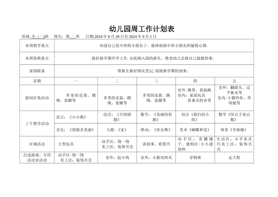 幼儿园中班周计划表55200_第1页
