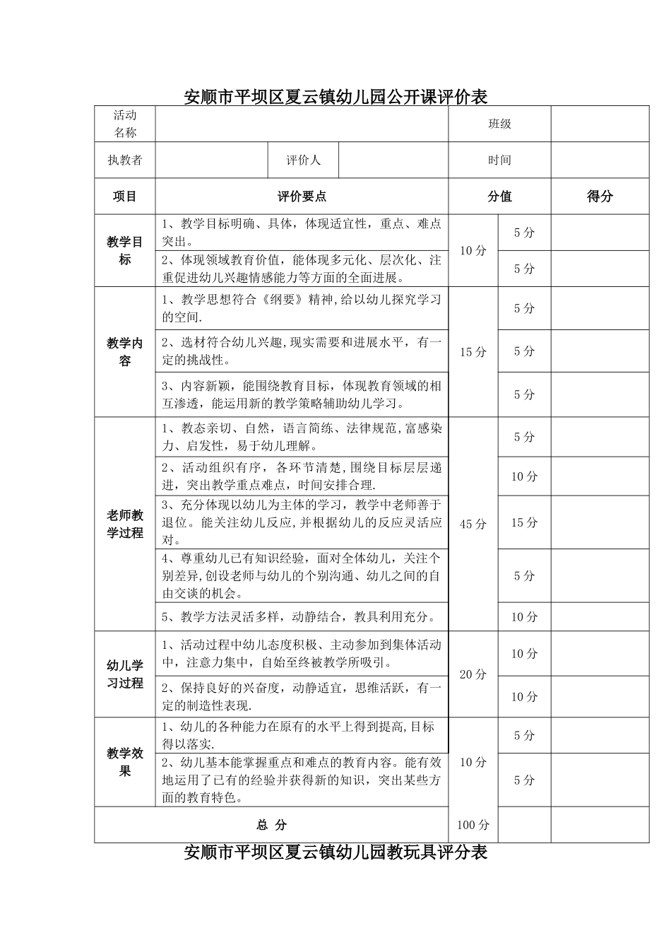 幼儿园公开课评比表_第1页