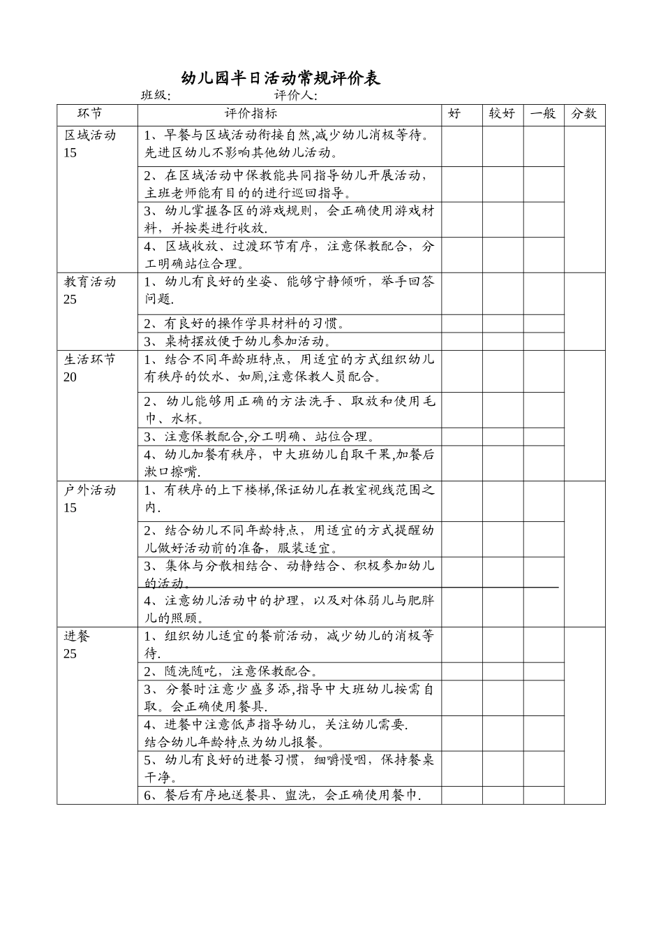 幼儿园半日活动常规评价表_第1页