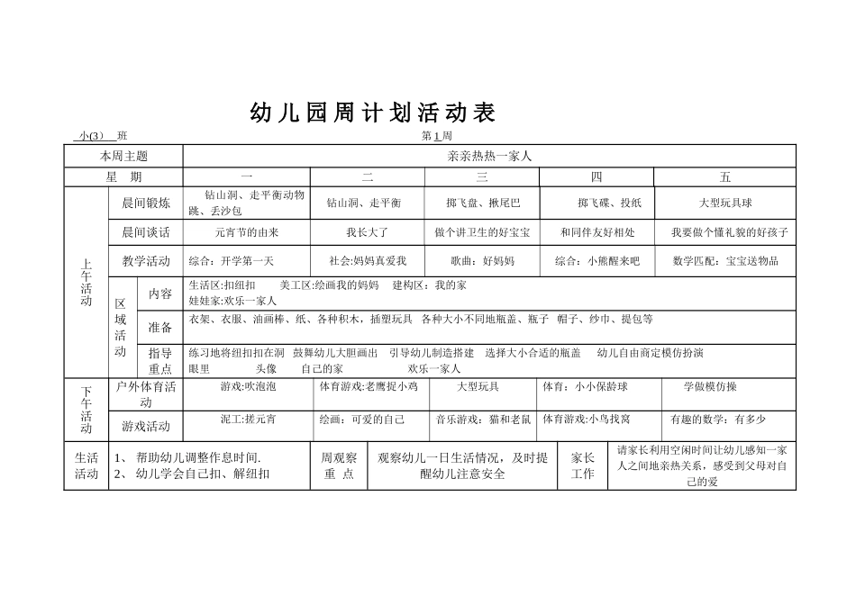幼儿园周计划活动表_第1页