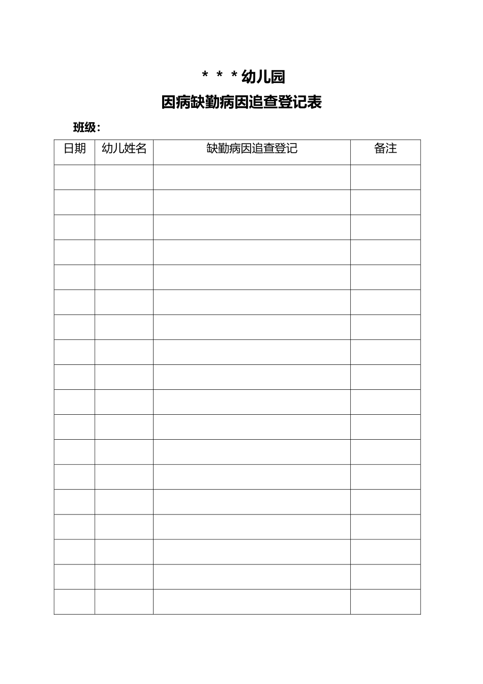 幼儿园因病缺勤病因追查登记表格模板_第1页