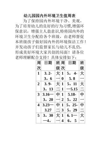 幼儿园园内外环境卫生值周安排表