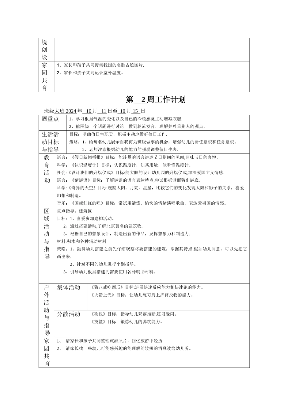幼儿园大班10月周计划_第2页