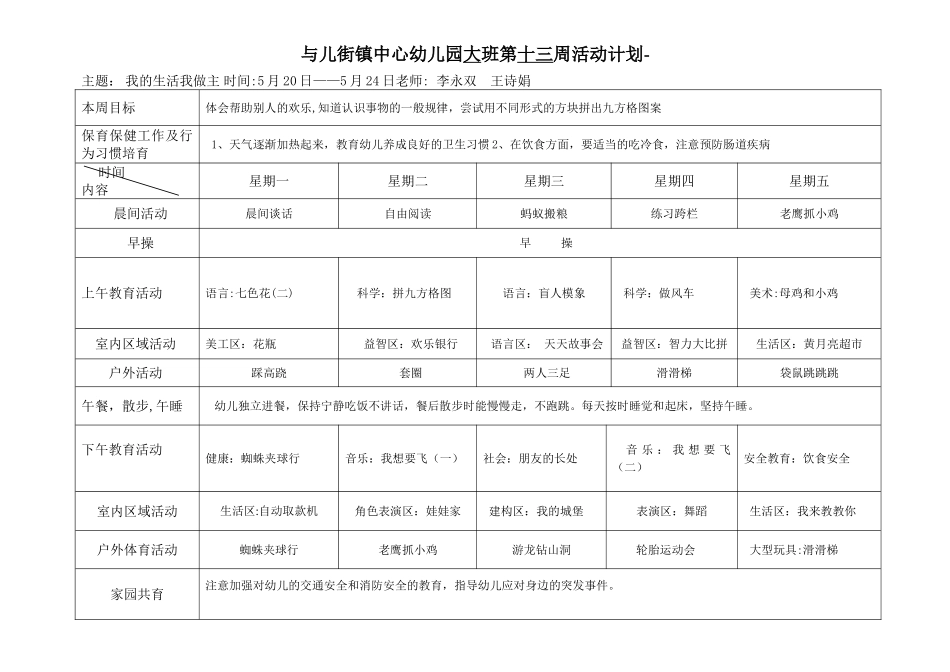 幼儿园大班下学期周计划活动表_第1页