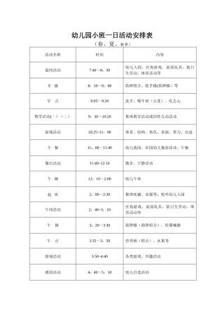 幼儿园小班一日活动作息时间表