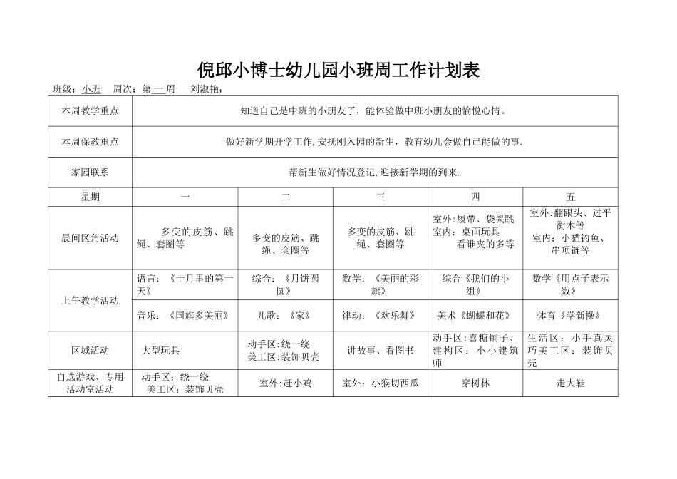 幼儿园小班班周计划表_第1页