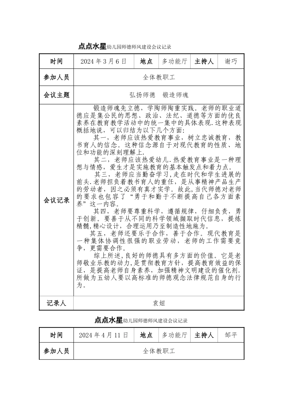 幼儿园师德师风会议记录表_第1页