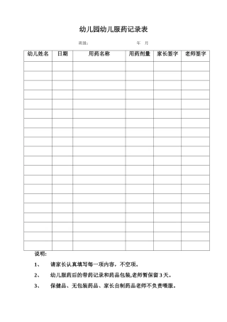 幼儿园幼儿服药记录表
