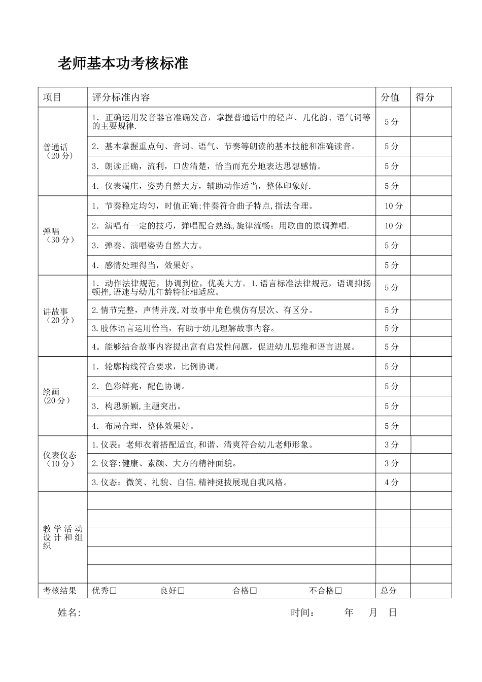 幼儿园教师基本功评分表_第1页